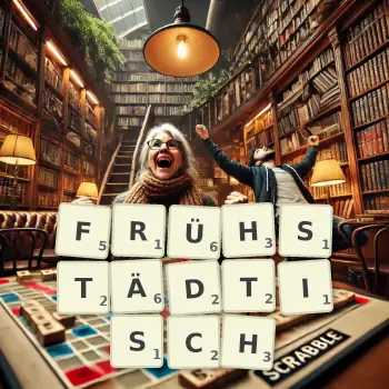 Kreative Illustration für ein Scrabble-Spiel, bei dem das Wort FRÜHSTÄDTISCH mit Steinen auf dem Brett gelegt wurde.