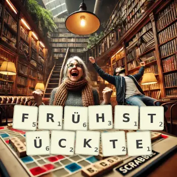 Kreative Illustration für ein Scrabble-Spiel, bei dem das Wort FRÜHSTÜCKTE mit Steinen auf dem Brett gelegt wurde.