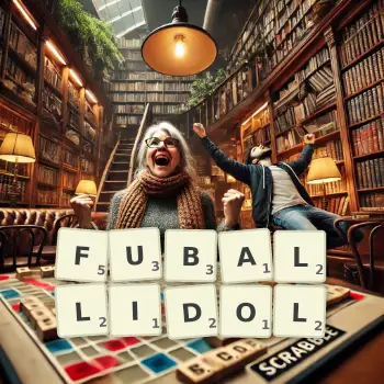 Kreative Illustration für ein Scrabble-Spiel, bei dem das Wort FUBALLIDOL mit Steinen auf dem Brett gelegt wurde.