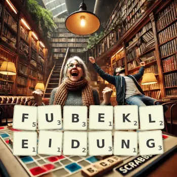 Kreative Illustration für ein Scrabble-Spiel, bei dem das Wort FUBEKLEIDUNG mit Steinen auf dem Brett gelegt wurde.