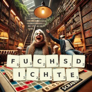 Kreative Illustration für ein Scrabble-Spiel, bei dem das Wort FUCHSDICHTE mit Steinen auf dem Brett gelegt wurde.