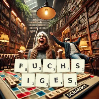 Kreative Illustration für ein Scrabble-Spiel, bei dem das Wort FUCHSIGES mit Steinen auf dem Brett gelegt wurde.