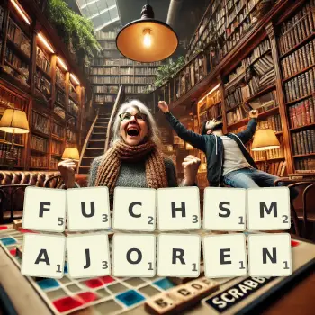 Kreative Illustration für ein Scrabble-Spiel, bei dem das Wort FUCHSMAJOREN mit Steinen auf dem Brett gelegt wurde.
