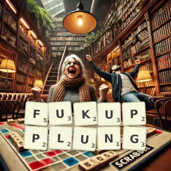 Kreative Illustration für ein Scrabble-Spiel, bei dem das Wort FUKUPPLUNG mit Steinen auf dem Brett gelegt wurde.