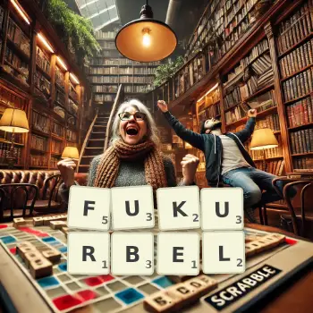 Kreative Illustration für ein Scrabble-Spiel, bei dem das Wort FUKURBEL mit Steinen auf dem Brett gelegt wurde.