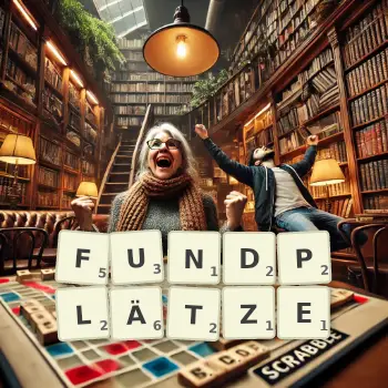 Kreative Illustration für ein Scrabble-Spiel, bei dem das Wort FUNDPLÄTZE mit Steinen auf dem Brett gelegt wurde.
