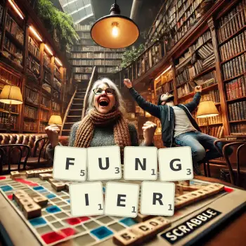 Kreative Illustration für ein Scrabble-Spiel, bei dem das Wort FUNGIER mit Steinen auf dem Brett gelegt wurde.