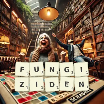 Kreative Illustration für ein Scrabble-Spiel, bei dem das Wort FUNGIZIDEN mit Steinen auf dem Brett gelegt wurde.