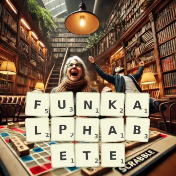 Kreative Illustration für ein Scrabble-Spiel, bei dem das Wort FUNKALPHABETE mit Steinen auf dem Brett gelegt wurde.