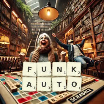 Kreative Illustration für ein Scrabble-Spiel, bei dem das Wort FUNKAUTO mit Steinen auf dem Brett gelegt wurde.