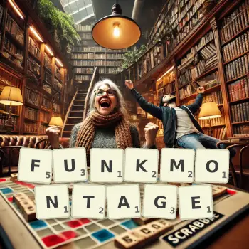 Kreative Illustration für ein Scrabble-Spiel, bei dem das Wort FUNKMONTAGE mit Steinen auf dem Brett gelegt wurde.