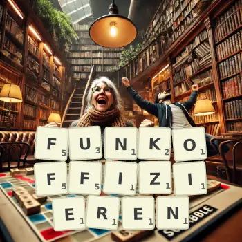 Kreative Illustration für ein Scrabble-Spiel, bei dem das Wort FUNKOFFIZIEREN mit Steinen auf dem Brett gelegt wurde.