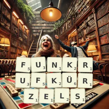 Kreative Illustration für ein Scrabble-Spiel, bei dem das Wort FUNKRUFKÜRZELS mit Steinen auf dem Brett gelegt wurde.