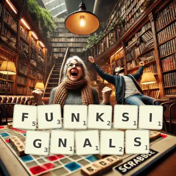 Kreative Illustration für ein Scrabble-Spiel, bei dem das Wort FUNKSIGNALS mit Steinen auf dem Brett gelegt wurde.