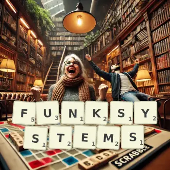Kreative Illustration für ein Scrabble-Spiel, bei dem das Wort FUNKSYSTEMS mit Steinen auf dem Brett gelegt wurde.