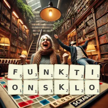 Kreative Illustration für ein Scrabble-Spiel, bei dem das Wort FUNKTIONSKLO mit Steinen auf dem Brett gelegt wurde.