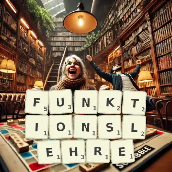 Kreative Illustration für ein Scrabble-Spiel, bei dem das Wort FUNKTIONSLEHRE mit Steinen auf dem Brett gelegt wurde.