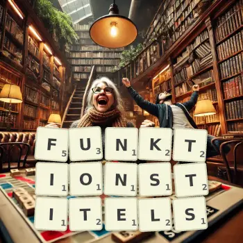 Kreative Illustration für ein Scrabble-Spiel, bei dem das Wort FUNKTIONSTITELS mit Steinen auf dem Brett gelegt wurde.