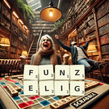 Kreative Illustration für ein Scrabble-Spiel, bei dem das Wort FUNZELIG mit Steinen auf dem Brett gelegt wurde.