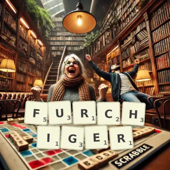 Kreative Illustration für ein Scrabble-Spiel, bei dem das Wort FURCHIGER mit Steinen auf dem Brett gelegt wurde.