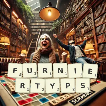 Kreative Illustration für ein Scrabble-Spiel, bei dem das Wort FURNIERTYPS mit Steinen auf dem Brett gelegt wurde.
