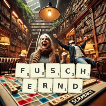 Kreative Illustration für ein Scrabble-Spiel, bei dem das Wort FUSCHERND mit Steinen auf dem Brett gelegt wurde.