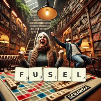 Kreative Illustration für ein Scrabble-Spiel, bei dem das Wort FUSEL mit Steinen auf dem Brett gelegt wurde.