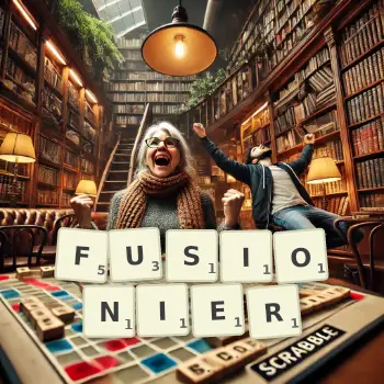 Kreative Illustration für ein Scrabble-Spiel, bei dem das Wort FUSIONIER mit Steinen auf dem Brett gelegt wurde.