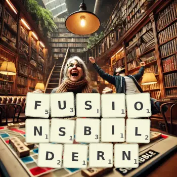 Kreative Illustration für ein Scrabble-Spiel, bei dem das Wort FUSIONSBILDERN mit Steinen auf dem Brett gelegt wurde.