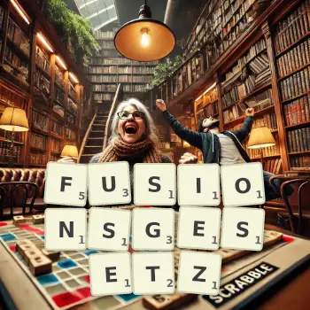 Kreative Illustration für ein Scrabble-Spiel, bei dem das Wort FUSIONSGESETZ mit Steinen auf dem Brett gelegt wurde.