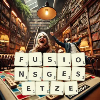 Kreative Illustration für ein Scrabble-Spiel, bei dem das Wort FUSIONSGESETZE mit Steinen auf dem Brett gelegt wurde.
