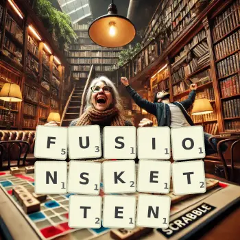 Kreative Illustration für ein Scrabble-Spiel, bei dem das Wort FUSIONSKETTEN mit Steinen auf dem Brett gelegt wurde.