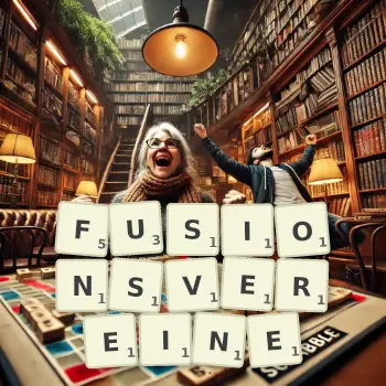Kreative Illustration für ein Scrabble-Spiel, bei dem das Wort FUSIONSVEREINE mit Steinen auf dem Brett gelegt wurde.