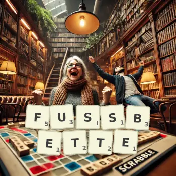 Kreative Illustration für ein Scrabble-Spiel, bei dem das Wort FUSSBETTE mit Steinen auf dem Brett gelegt wurde.