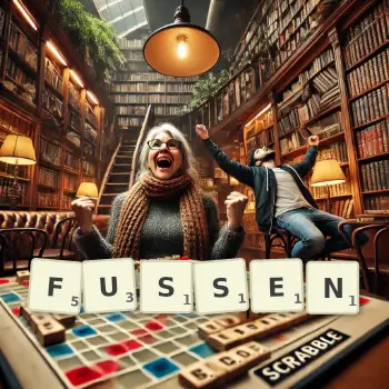 Kreative Illustration für ein Scrabble-Spiel, bei dem das Wort FUSSEN mit Steinen auf dem Brett gelegt wurde.
