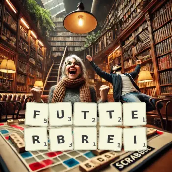 Kreative Illustration für ein Scrabble-Spiel, bei dem das Wort FUTTERBREI mit Steinen auf dem Brett gelegt wurde.