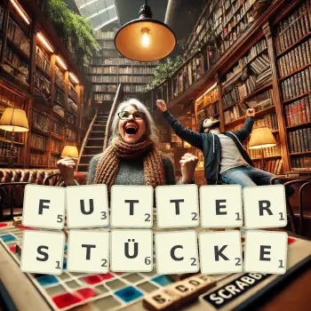 Kreative Illustration für ein Scrabble-Spiel, bei dem das Wort FUTTERSTÜCKE mit Steinen auf dem Brett gelegt wurde.