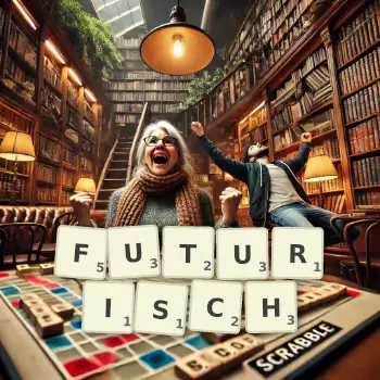 Kreative Illustration für ein Scrabble-Spiel, bei dem das Wort FUTURISCH mit Steinen auf dem Brett gelegt wurde.