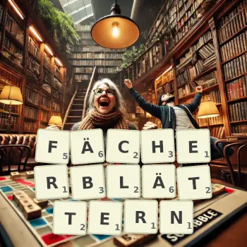 Kreative Illustration für ein Scrabble-Spiel, bei dem das Wort FÄCHERBLÄTTERN mit Steinen auf dem Brett gelegt wurde.