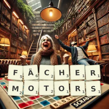 Kreative Illustration für ein Scrabble-Spiel, bei dem das Wort FÄCHERMOTORS mit Steinen auf dem Brett gelegt wurde.