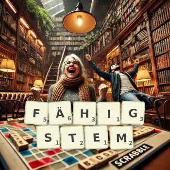 Kreative Illustration für ein Scrabble-Spiel, bei dem das Wort FÄHIGSTEM mit Steinen auf dem Brett gelegt wurde.