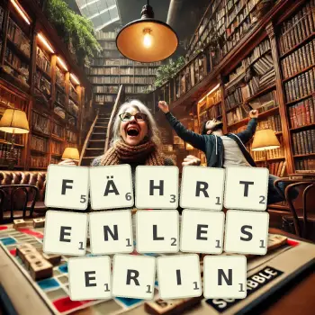 Kreative Illustration für ein Scrabble-Spiel, bei dem das Wort FÄHRTENLESERIN mit Steinen auf dem Brett gelegt wurde.