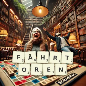 Kreative Illustration für ein Scrabble-Spiel, bei dem das Wort FÄHRTOREN mit Steinen auf dem Brett gelegt wurde.