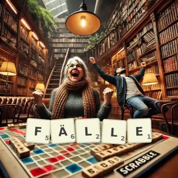 Kreative Illustration für ein Scrabble-Spiel, bei dem das Wort FÄLLE mit Steinen auf dem Brett gelegt wurde.