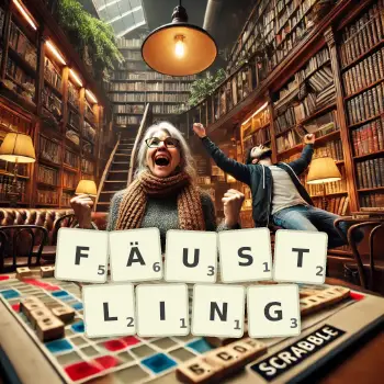 Kreative Illustration für ein Scrabble-Spiel, bei dem das Wort FÄUSTLING mit Steinen auf dem Brett gelegt wurde.