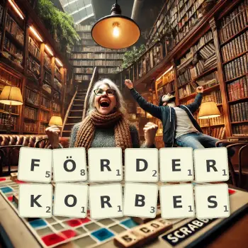 Kreative Illustration für ein Scrabble-Spiel, bei dem das Wort FÖRDERKORBES mit Steinen auf dem Brett gelegt wurde.