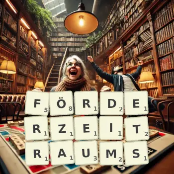 Kreative Illustration für ein Scrabble-Spiel, bei dem das Wort FÖRDERZEITRAUMS mit Steinen auf dem Brett gelegt wurde.