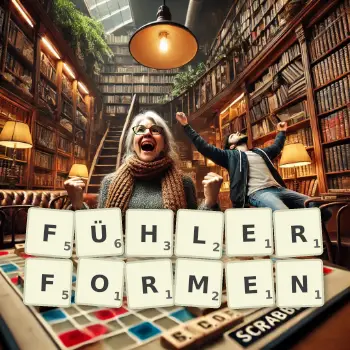 Kreative Illustration für ein Scrabble-Spiel, bei dem das Wort FÜHLERFORMEN mit Steinen auf dem Brett gelegt wurde.