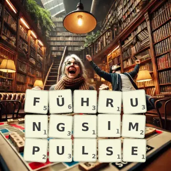 Kreative Illustration für ein Scrabble-Spiel, bei dem das Wort FÜHRUNGSIMPULSE mit Steinen auf dem Brett gelegt wurde.