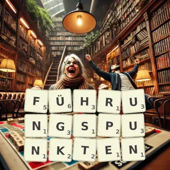 Kreative Illustration für ein Scrabble-Spiel, bei dem das Wort FÜHRUNGSPUNKTEN mit Steinen auf dem Brett gelegt wurde.